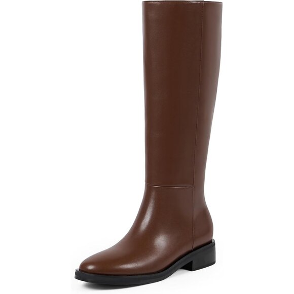 Women Polyurethane Brown Round Toe Flat Heel Side Zipper Knee High Tall Boots - Picture 1 of 7